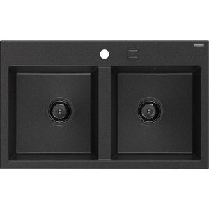 MEXEN/S - Hektor granitový drez 2-bowl 800 x 480 mm, čierna/strieborná metalík, čierny sifón 6521802000-73-B vyobraziť