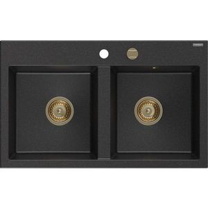 MEXEN/S - Hektor granitový drez 2-bowl 800 x 480 mm, čierna/strieborná metalík, zlatý sifón 6521802000-73-G vyobraziť