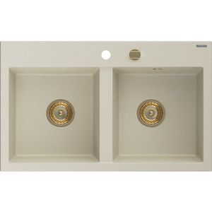 MEXEN/S - Hektor granitový drez 2-bowl 800 x 480 mm, béžová, zlatý sifón 6521802000-69-G vyobraziť