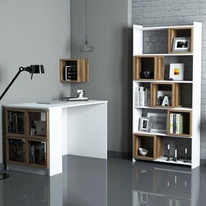 Písací stôl s knižnicou Box - White, Walnut vyobraziť