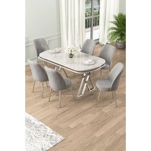 Dining Table & Chairs Set (7 Pieces) Lai - White, Chrome, Grey vyobraziť
