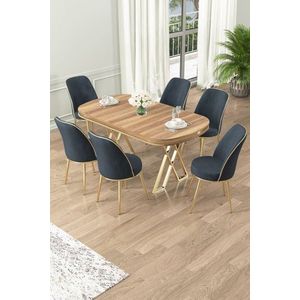 Dining Table & Chairs Set (7 Pieces) Lai - Light Walnut, Gold, Anthracite vyobraziť