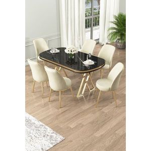 Dining Table & Chairs Set (7 Pieces) Lai - Black Marble, Gold, Cream vyobraziť