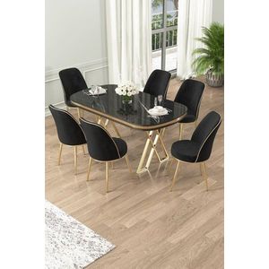 Dining Table & Chairs Set (7 Pieces) Lai - Black Marble, Gold, Black vyobraziť
