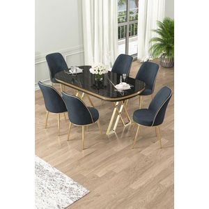 Dining Table & Chairs Set (7 Pieces) Lai - Black Marble, Gold, Anthracite vyobraziť