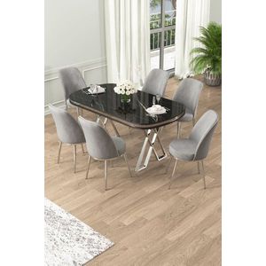 Dining Table & Chairs Set (7 Pieces) Lai - Black Marble, Chrome, Grey vyobraziť