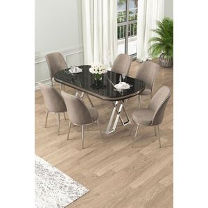 Dining Table & Chairs Set (7 Pieces) Lai - Black Marble, Chrome, Cappuccino vyobraziť