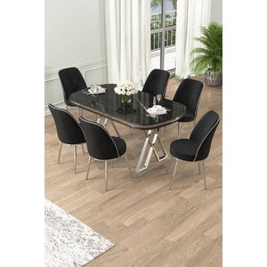 Dining Table & Chairs Set (7 Pieces) Lai - Black Marble, Chrome, Black vyobraziť