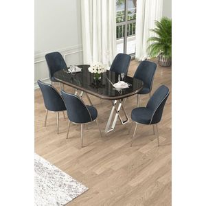 Dining Table & Chairs Set (7 Pieces) Lai - Black Marble, Chrome, Anthracite vyobraziť