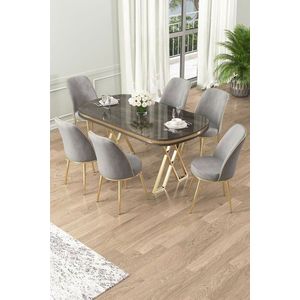 Dining Table & Chairs Set (7 Pieces) Lai - Anthracite, Gold, Grey vyobraziť