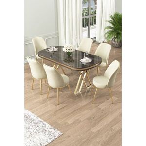 Dining Table & Chairs Set (7 Pieces) Lai - Anthracite, Gold, Cream vyobraziť