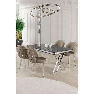 Dining Table & Chairs Set (5 Pieces) Rigel - Black Marble, Chrome, Cappuccino vyobraziť