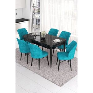 Extendable Dining Table & Chairs Set (7 Pieces) Eva - Black Marble, Turquoise vyobraziť