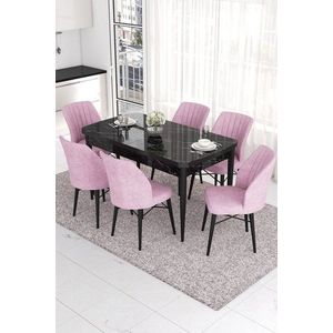 Extendable Dining Table & Chairs Set (7 Pieces) Eva - Black Marble, Pink vyobraziť