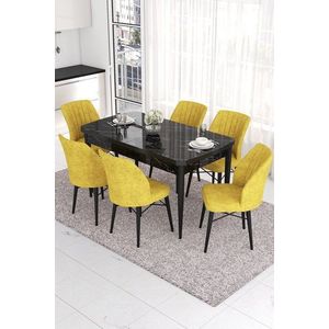 Extendable Dining Table & Chairs Set (7 Pieces) Eva - Black Marble, Mustard vyobraziť