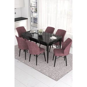 Extendable Dining Table & Chairs Set (7 Pieces) Eva - Black Marble, Dusty Rose vyobraziť