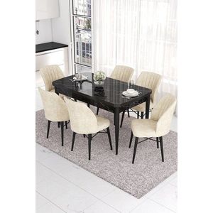Extendable Dining Table & Chairs Set (7 Pieces) Eva - Black Marble, Cream vyobraziť