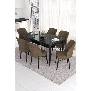 Extendable Dining Table & Chairs Set (7 Pieces) Eva - Black Marble, Brown vyobraziť