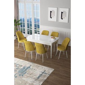 Extendable Dining Table & Chairs Set (7 Pieces) Zen - White, Mustard vyobraziť