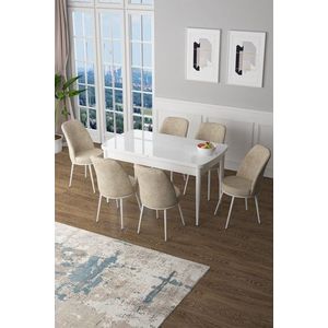 Extendable Dining Table & Chairs Set (7 Pieces) Zen - White, Cream vyobraziť
