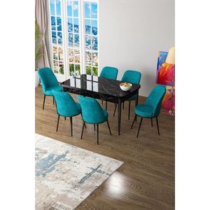 Extendable Dining Table & Chairs Set (7 Pieces) Zen - Black Marble, Turquoise vyobraziť
