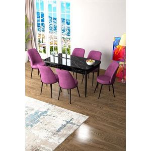 Extendable Dining Table & Chairs Set (7 Pieces) Zen - Black Marble, Purple vyobraziť