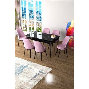 Extendable Dining Table & Chairs Set (7 Pieces) Zen - Black Marble, Pink vyobraziť
