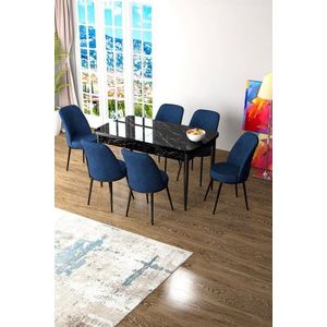 Extendable Dining Table & Chairs Set (7 Pieces) Zen - Black Marble, Navy Blue vyobraziť