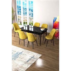 Extendable Dining Table & Chairs Set (7 Pieces) Zen - Black Marble, Mustard vyobraziť