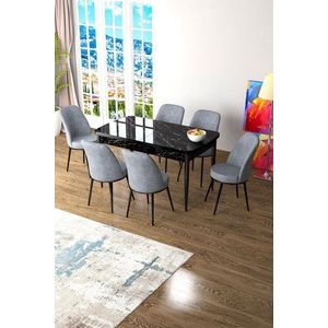 Extendable Dining Table & Chairs Set (7 Pieces) Zen - Black Marble, Grey vyobraziť