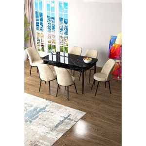 Extendable Dining Table & Chairs Set (7 Pieces) Zen - Black Marble, Cream vyobraziť