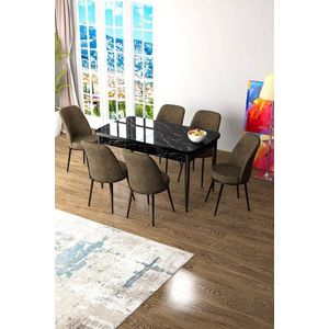 Extendable Dining Table & Chairs Set (7 Pieces) Zen - Black Marble, Brown vyobraziť