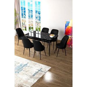 Extendable Dining Table & Chairs Set (7 Pieces) Zen - Black Marble, Black vyobraziť