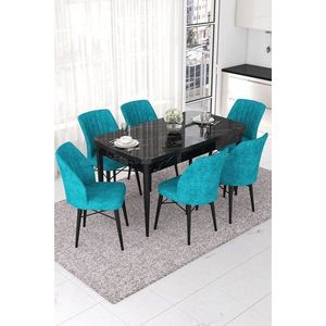 Extendable Dining Table & Chairs Set (7 Pieces) Nef - Black Marble, Turquoise vyobraziť