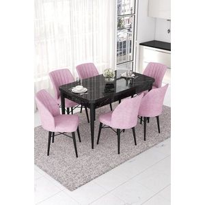 Extendable Dining Table & Chairs Set (7 Pieces) Nef - Black Marble, Pink vyobraziť