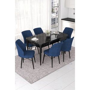 Extendable Dining Table & Chairs Set (7 Pieces) Nef - Black Marble, Navy Blue vyobraziť