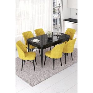Extendable Dining Table & Chairs Set (7 Pieces) Nef - Black Marble, Mustard vyobraziť