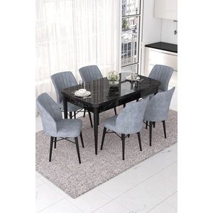 Extendable Dining Table & Chairs Set (7 Pieces) Nef - Black Marble, Grey vyobraziť