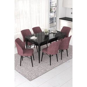Extendable Dining Table & Chairs Set (7 Pieces) Nef - Black Marble, Dusty Rose vyobraziť
