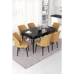 Extendable Dining Table & Chairs Set (7 Pieces) Nef - Black Marble, Cappuccino vyobraziť