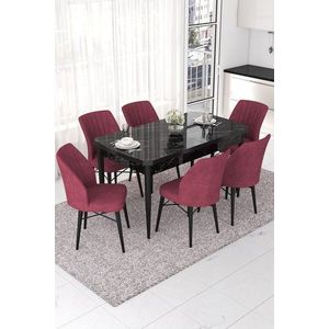 Extendable Dining Table & Chairs Set (7 Pieces) Nef - Black Marble, Burgundy vyobraziť