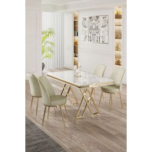 Dining Table & Chairs Set (5 Pieces) Vals - White, Gold, Cream vyobraziť