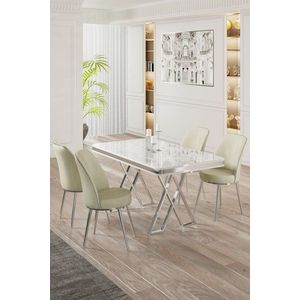 Dining Table & Chairs Set (5 Pieces) Vals - White, Chrome, Cream vyobraziť