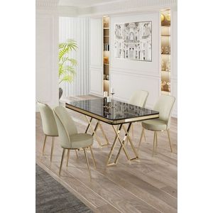 Dining Table & Chairs Set (5 Pieces) Vals - Black Marble, Gold, Cream vyobraziť