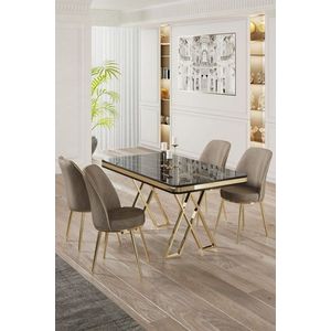 Dining Table & Chairs Set (5 Pieces) Vals - Black Marble, Gold, Cappuccino vyobraziť