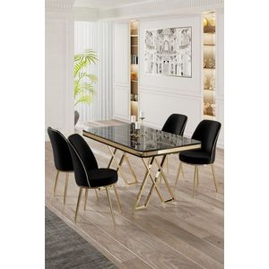 Dining Table & Chairs Set (5 Pieces) Vals - Black Marble, Gold, Black vyobraziť