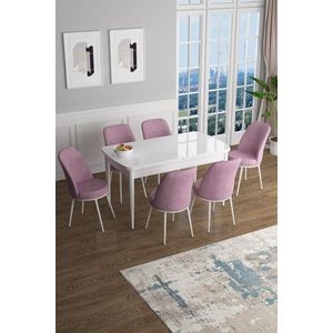 Extendable Dining Table & Chairs Set (7 Pieces) Han - White, Pink vyobraziť