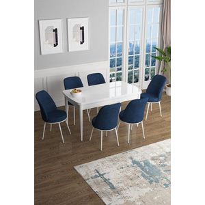 Extendable Dining Table & Chairs Set (7 Pieces) Han - White, Navy Blue vyobraziť