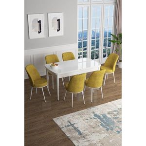 Extendable Dining Table & Chairs Set (7 Pieces) Han - White, Mustard vyobraziť