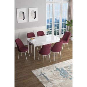 Extendable Dining Table & Chairs Set (7 Pieces) Han - White, Burgundy vyobraziť